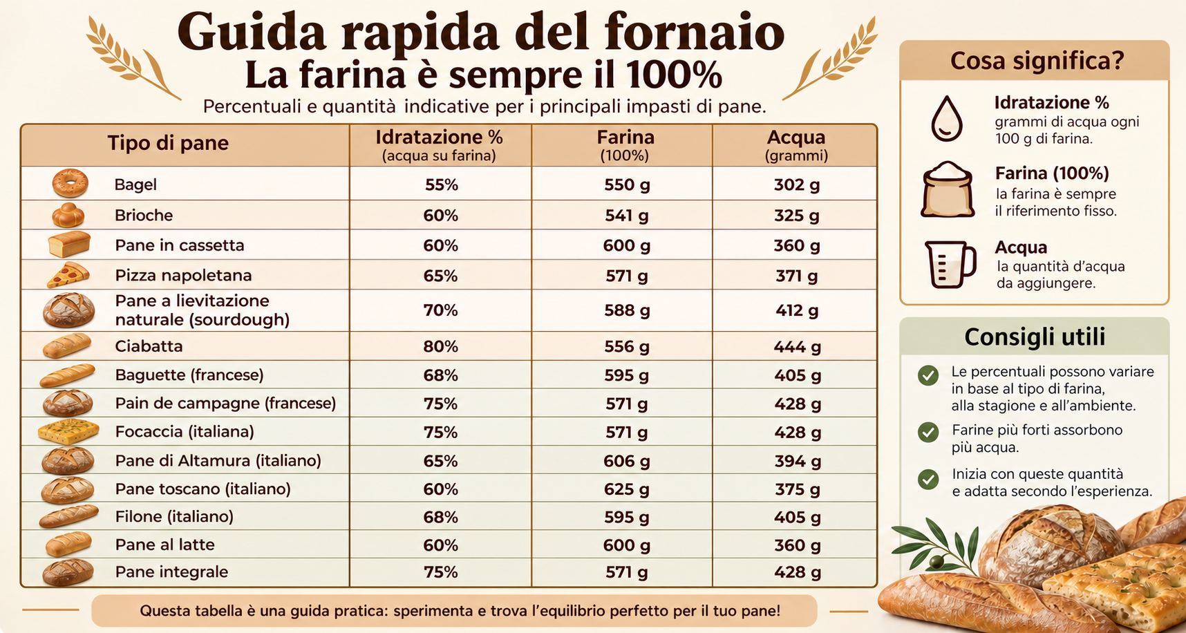Guida rapida del fornaio: idratazione, farina e acqua per i principali tipi di pane