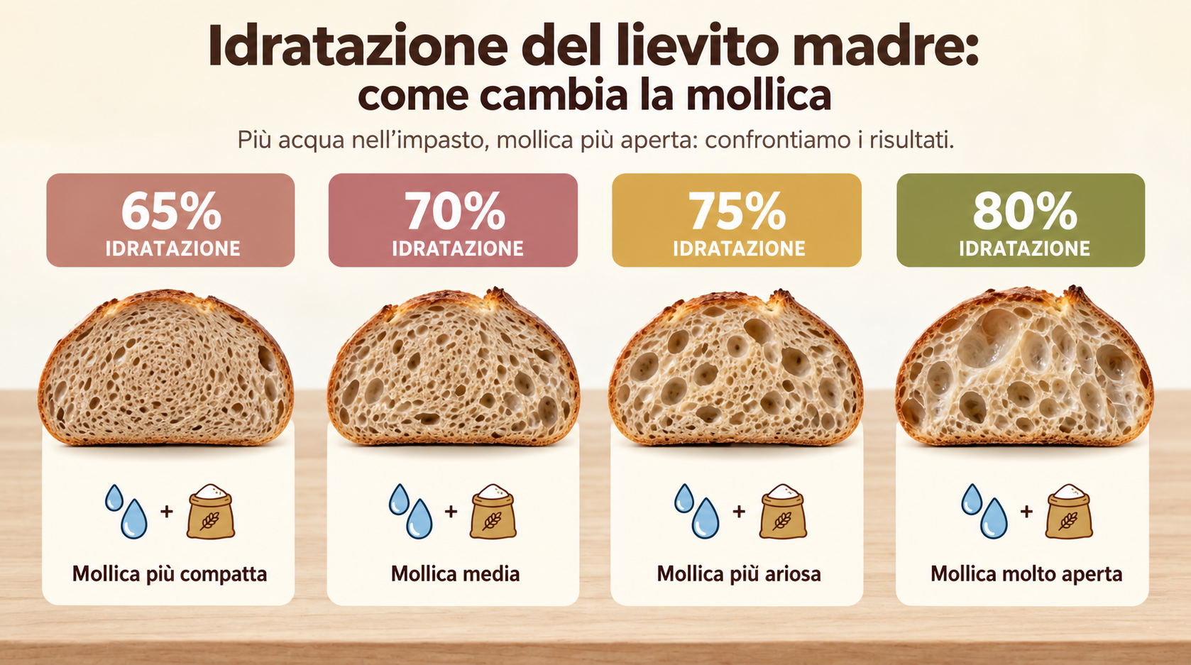 Idratazione del lievito madre: come cambia la mollica, confronto tra 65%, 70%, 75% e 80% di idratazione