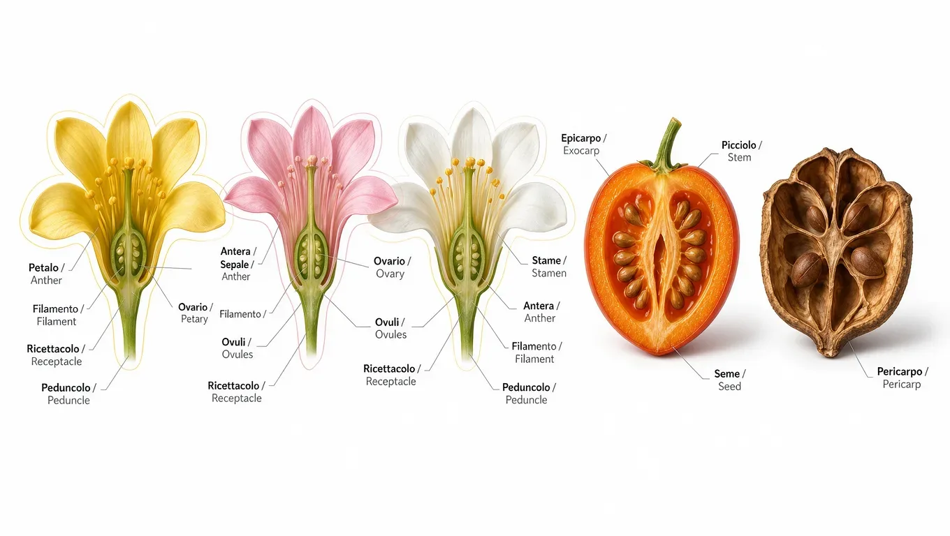 Schema delle parti del frutto: esocarpo, mesocarpo ed endocarpo